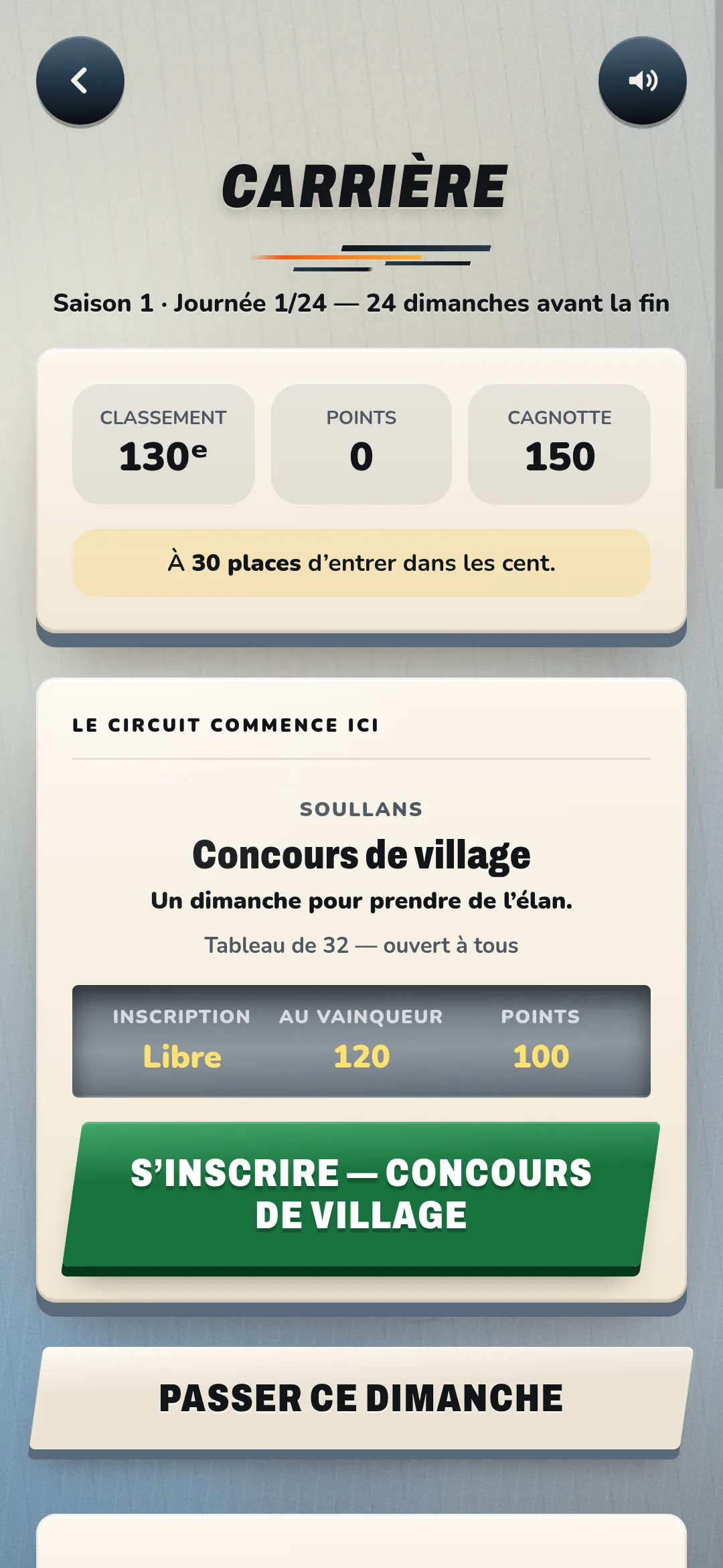 La carrière : classement, cagnotte et concours du dimanche