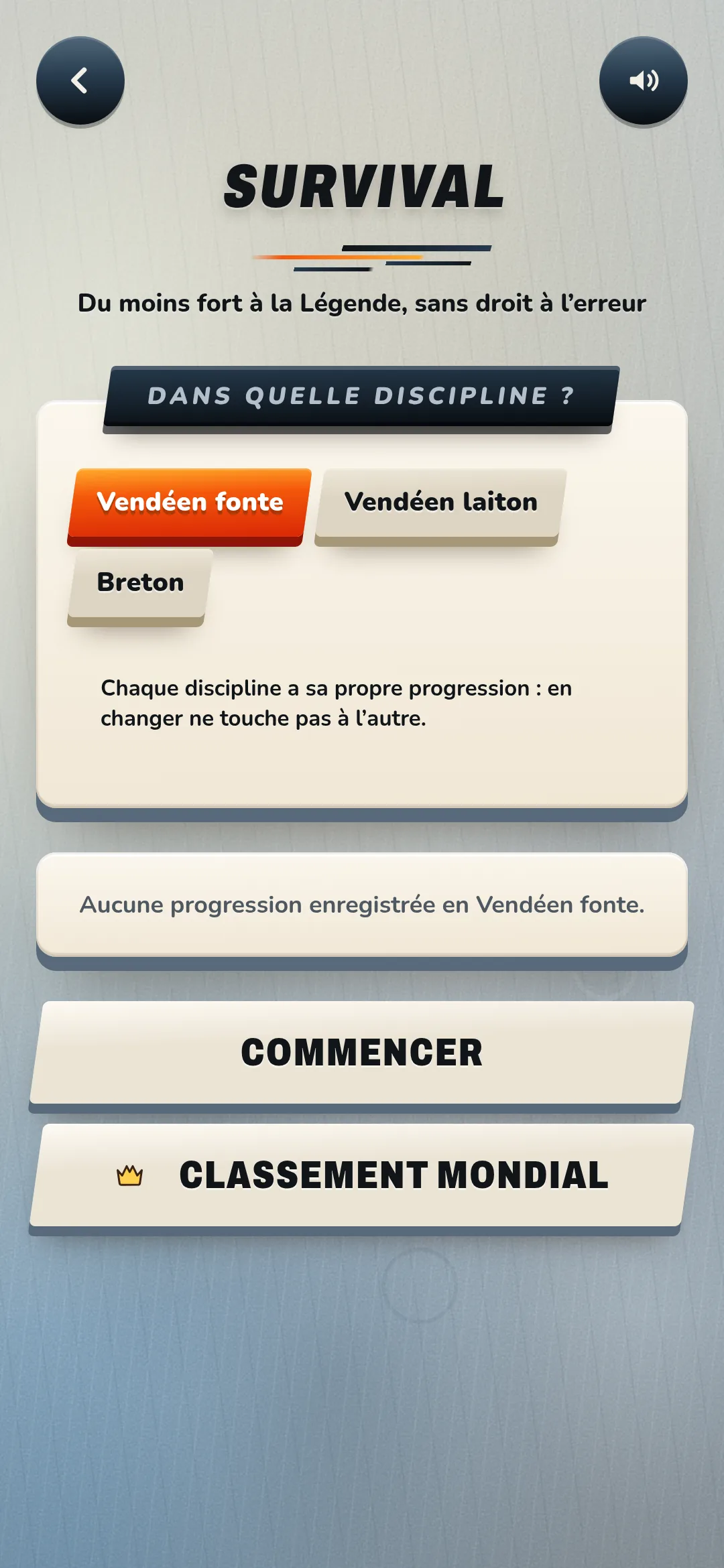 Le mode Survival et son choix de discipline
